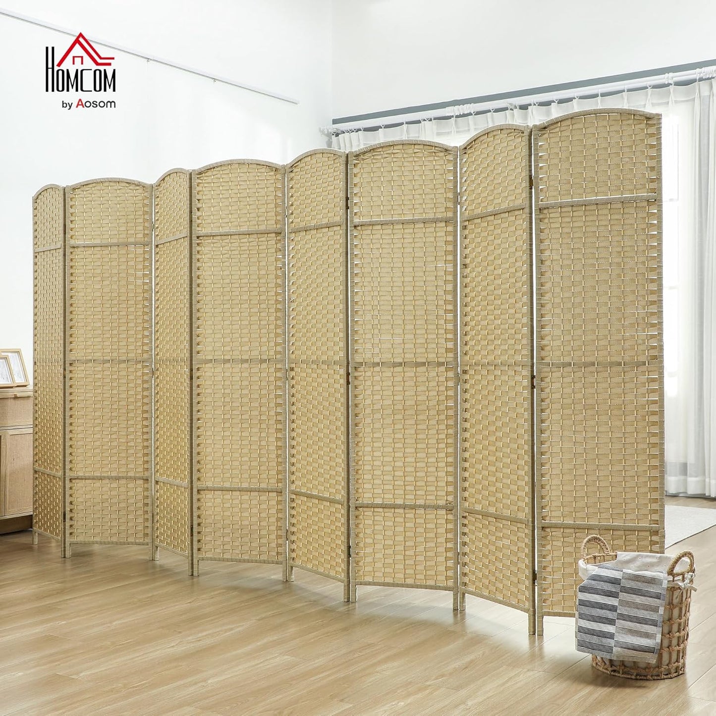 HOMCOM Room Divider, 8 Panel Folding Privacy Screen, 5.6' Tall Freestanding Wall Partition for Home Office, Bedroom, Beige