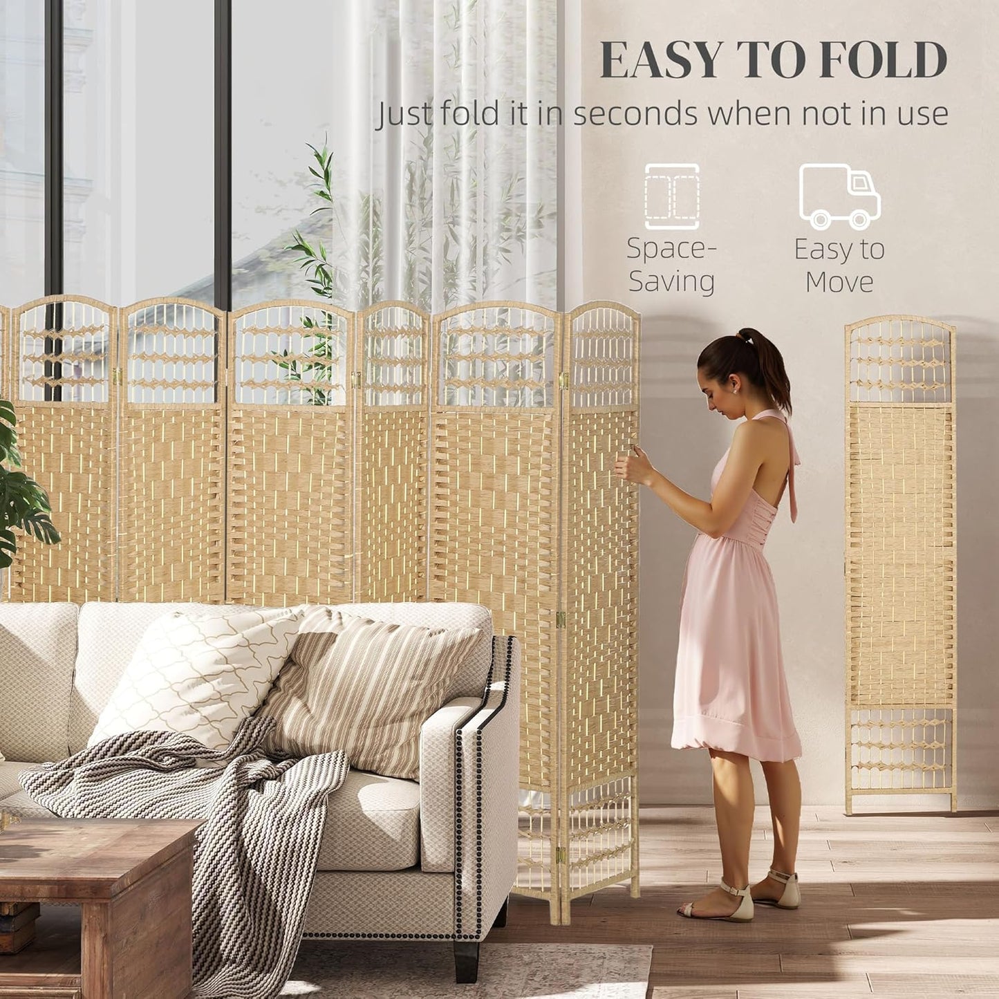 HOMCOM 8 Panel Room Divider, Folding Privacy Screen, 5.6' Room Separator, Wave Fiber Freestanding Partition Wall Divider, Natural