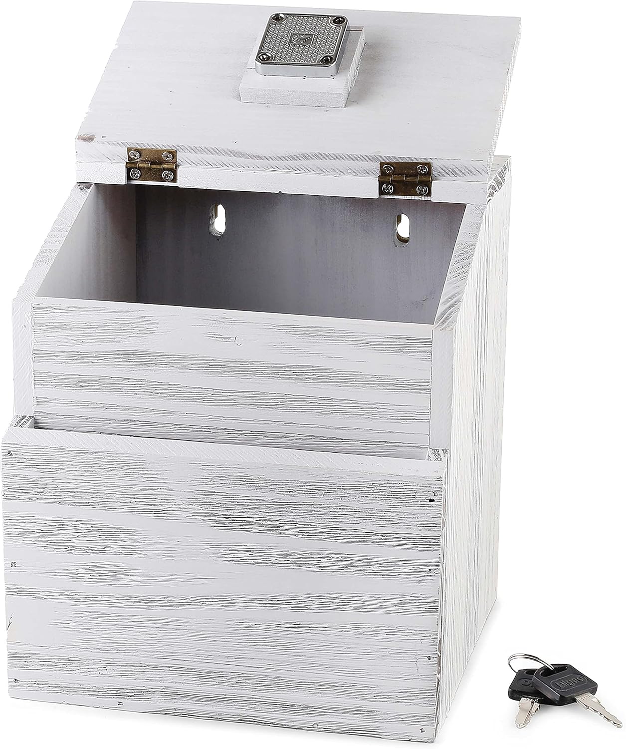 Wood Charity Donation collection Box Office suggestion Ballot Box With wide slot for envelopes and suggestion comment forms, Pocket and Locking Hinged Lid & Pen for Table Or Countertop(Rustic-White)