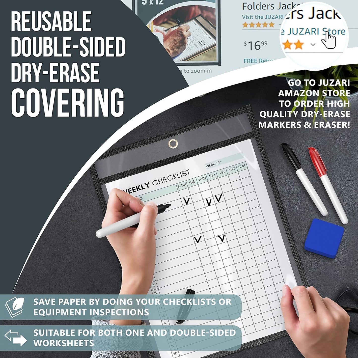 10 Pack Job Ticket Holders 9x12 - Reusable Dry Erase Pocket Sleeves for Shop, Office & Classroom - Clear Work Order Plastic Sleeves & Shop Ticket Holders with Hanging Eyelet