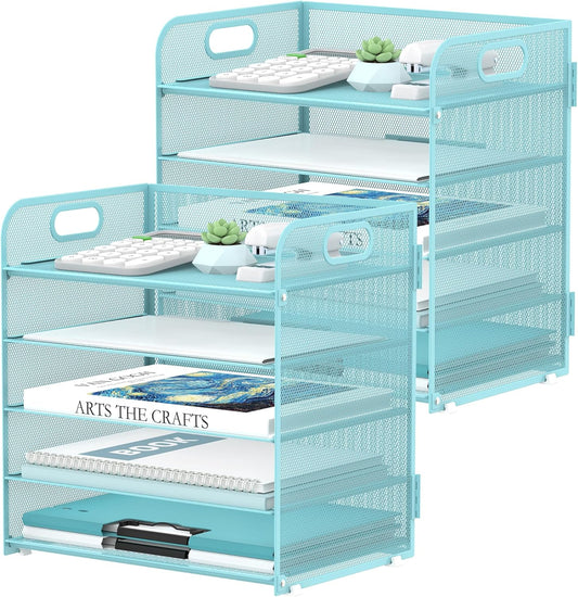 2 Pack 5-Tier Blue Desk Organizer with Handle Mesh Desk File/Paper Organizer Letter Tray for Office, School and Home Easy Installation