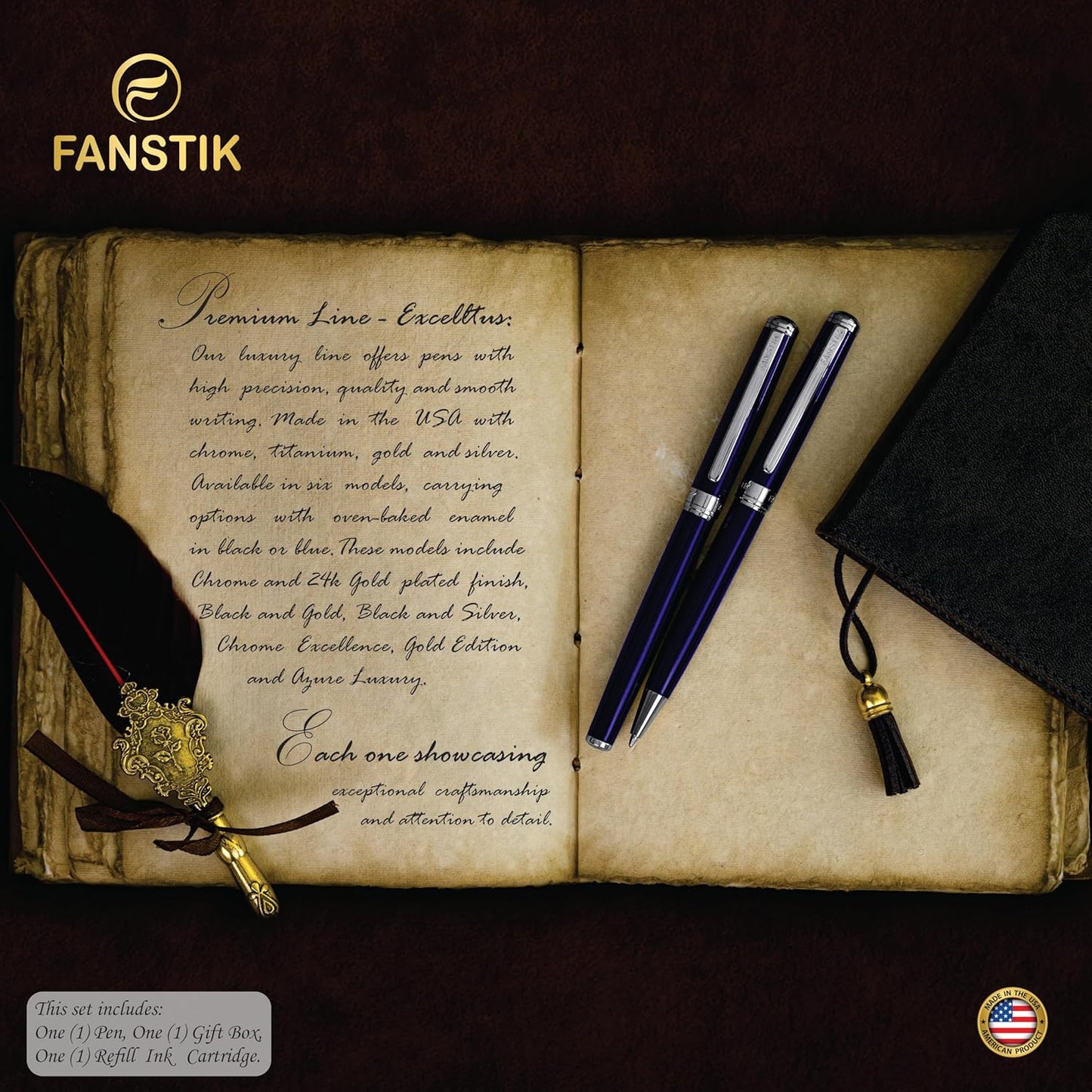 Customized Blue Luxury fountain pen (Made In USA) fancy gift set for women, Real 24K Gold Plating, Professional executive pen gift set for men (Lux Custom-fountain Blue)