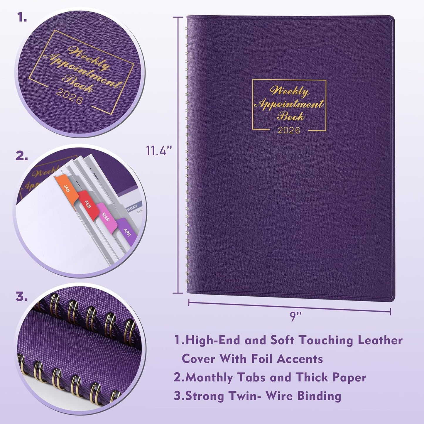 2026 Weekly Appointment Book - Daily Planner 2026 from January 2026 - December 2026, 8.5" x 11", 15-Minute Interval, Flexible Leather Cover, 12 Monthly Tabs, Back Pocket