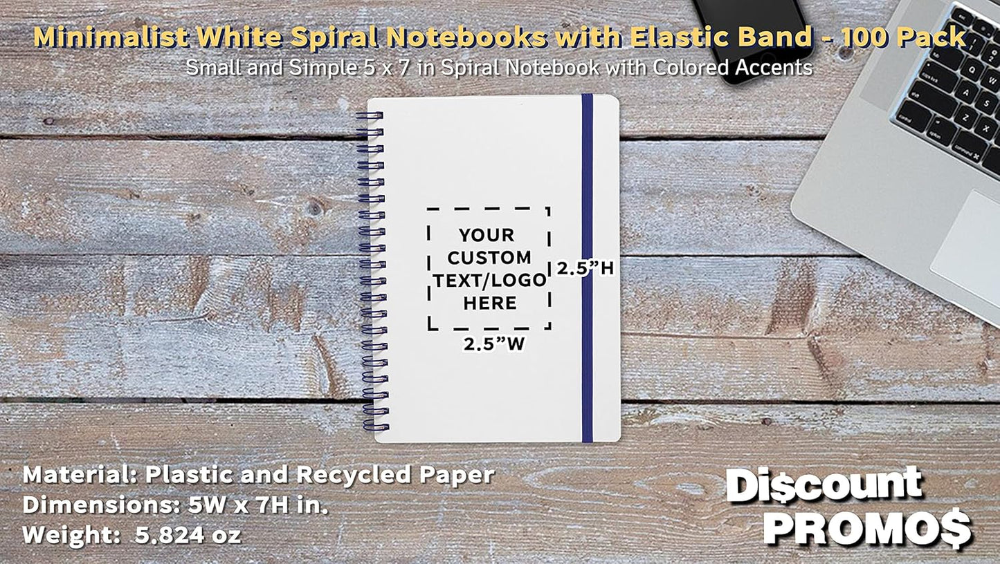 100 White Spiral Notebooks with Elastic Band Pack - Customizable Text, Logo - 80 lined pages, Recycled - Blue