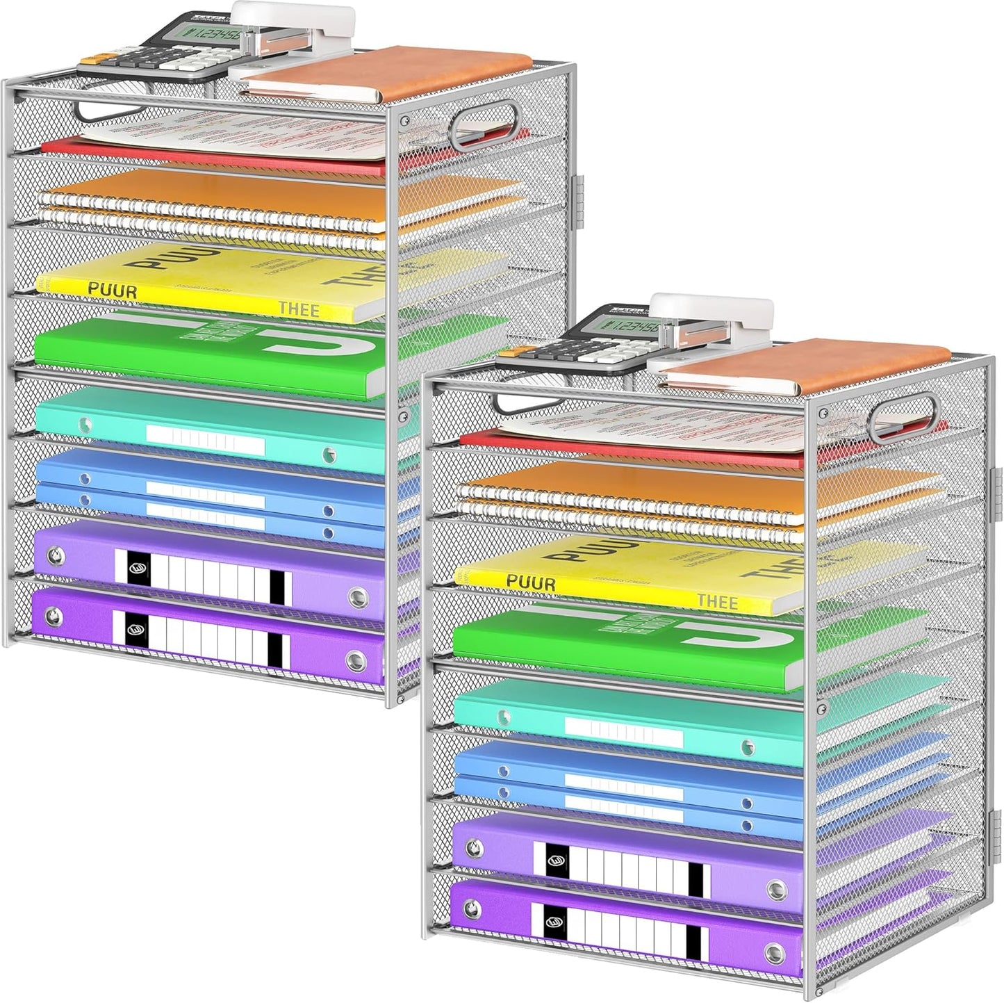 9 Tier Paper Organizer with Handle, Large Capacity Desk Organizer Mesh Paper Letter Tray File Folder Document Sorter for Classroom and Office Accessories Organization- Silver (2 Pack)