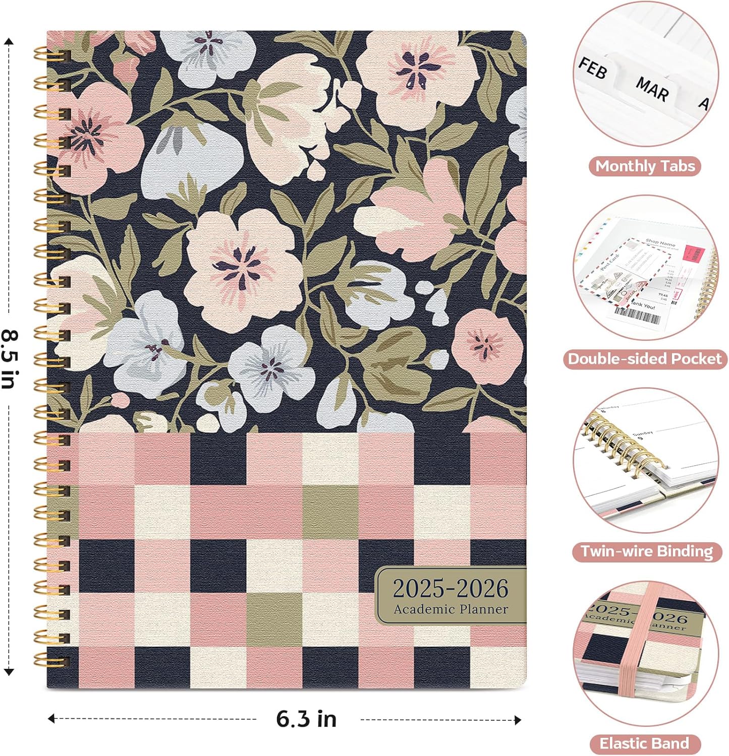 Planner 2025-2026, Academic Year Weekly and Monthly Calender Planner, July 2025 - June 2026, Spiral Bound School Planning Tool, Perfect for Teacher, Student, Women & Men - A5 (6.3" x 8.5"), Floral Grid