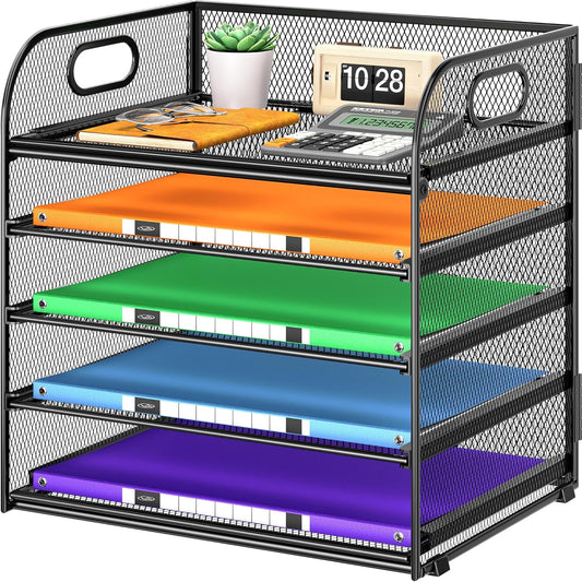 5 Tier Paper Organizer with Handle, Metal Mesh Desk Organizer File Folder Paper Letter Tray Desktop Document Sorter for Classroom, School, Office Accessories Organization and Storage - Black