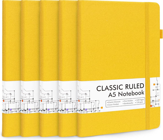 feela 5 Pack Journal Notebook Bulk for School, Hardcover Business Notebooks Classic Ruled Lined Journals with Pen Holder for Work Note Taking, with 5 Black Pens, 120 GSM, 5.1”x8.3”, A5, Yellow