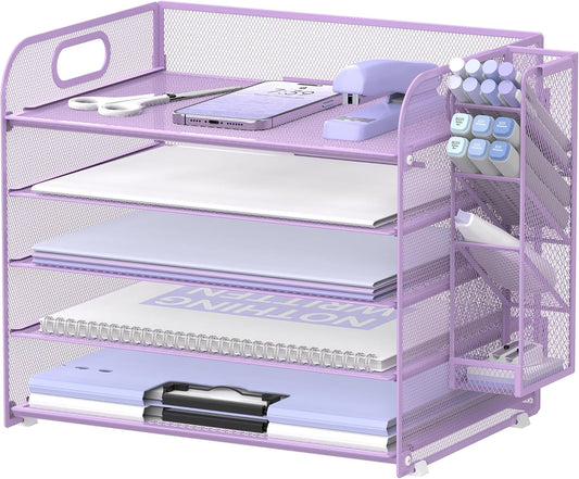 SUPEASY 5 Tier Desk Organizer with Handle & Removable Pen Holders, Mesh Paper/File Organizer for Desk, Paper Letter Tray Organizer for Office Supplies (Purple)