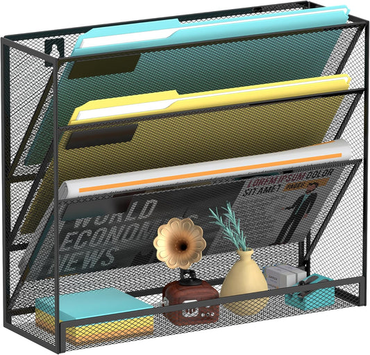 SUPEASY 4-Tier Wall File Organizer Mesh Office Mail Holder, Hanging Wall Organizer Magazine Rack for Office Black