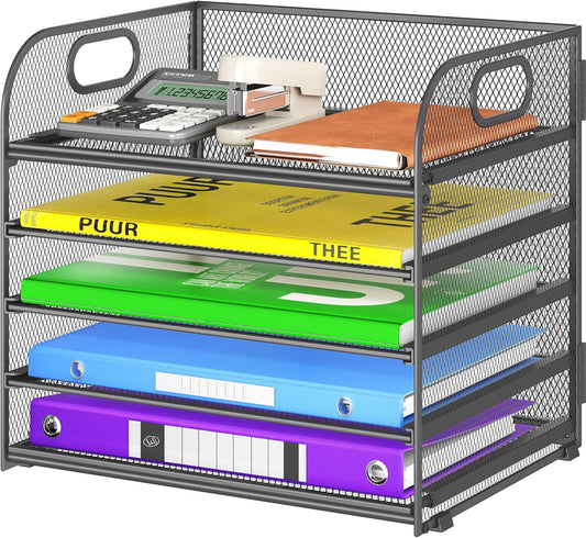 5 Tier Paper Organizer with Handle, Metal Mesh Desk Organizer File Folder Paper Letter Tray Desktop Document Sorter for Classroom, School, Office Accessories Organization and Storage - Grey