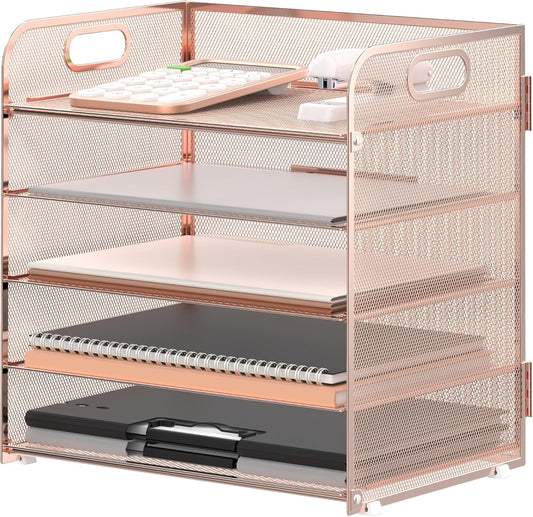 Supeasy 5 Trays Paper Organizer Letter Tray with Handle-Mesh Desk File Organizer, Paper Sorter Desk Organizer for Office, Home or School (Rose Gold)