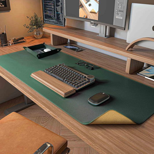 DAWNTREES Dual Sided Desk Mat,Leather Desk Pad,Cork Desk Mat Protector,with PU Leather Valet Tray Organizer,Large Mouse Pad,Desk Writing Pad for Office and Home(Dark Green 31.5"x15.8")