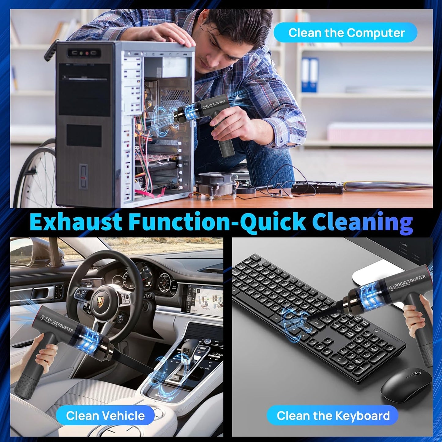 2-in-1 Compressed Air Duster and Mini Vacuum Cleaner with 150000 High RPM - Powerful Brushless Motor for Desktop, Keyboards, Laptop, Dryer and Electronics