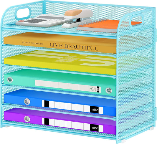 6 Tier Paper Organizer with Handle, Metal Desk Organizer Mesh Paper Letter Tray Desktop File Folder Document Sorter for Classroom, School, Office Accessories Organization and Storage - Blue