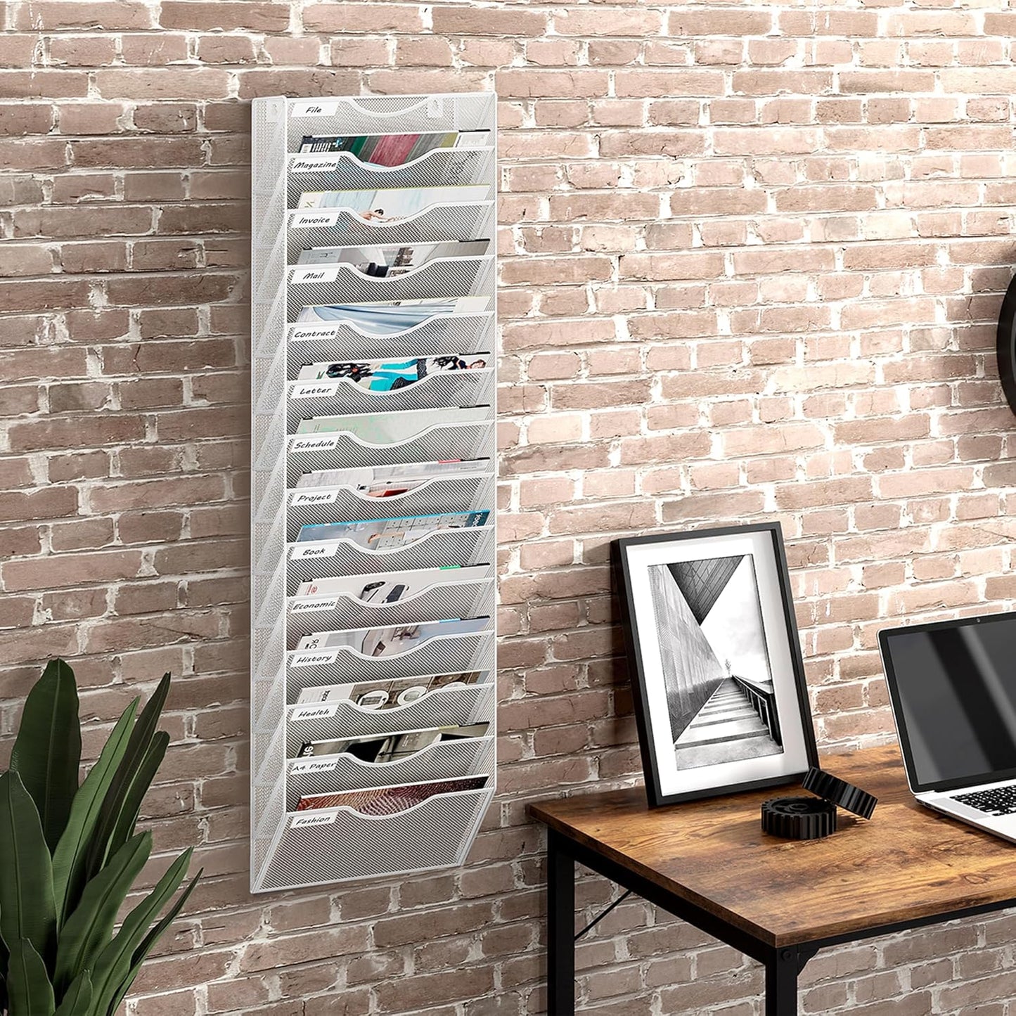 14 Tier Hanging Wall File Holder, Metal A4 Wall Mounted Document Holder, Vertical Hanging Mail Organizer, Magazine Storage Rack with Tray for Office Home Classroom, White