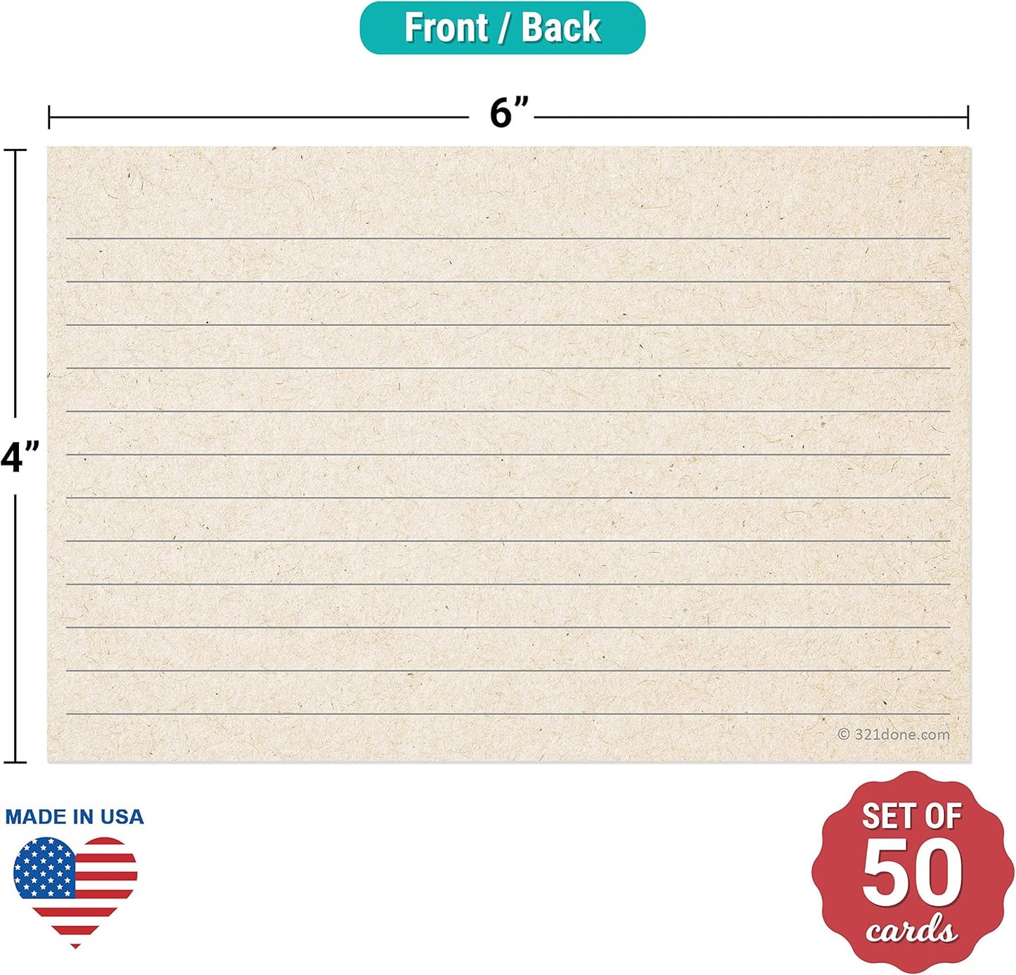 321Done Rustic Ruled Index Cards - Made in USA - Large 4x6 (Set of 50), Kraft Tan, College-Ruled Lined Notecards Double-Sided, Thick Heavy Duty Cardstock, Simple Cute Pretty Note Cards with Lines