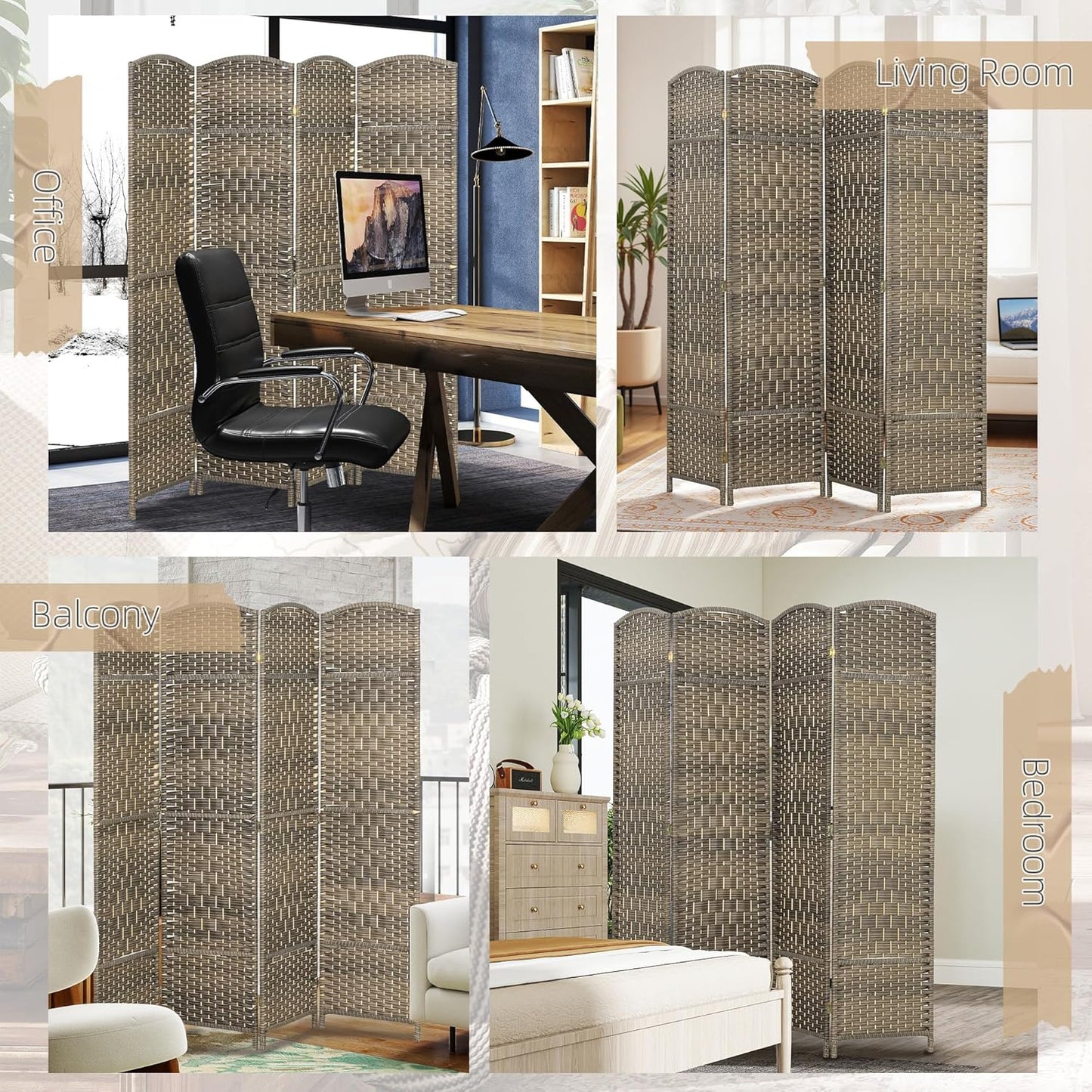 HOMCOM 4 Panel Room Divider, 6' Tall Folding Privacy Screen, Hand-Woven Freestanding Wall Partition for Home Office, Bedroom, Dark Rustic Oak