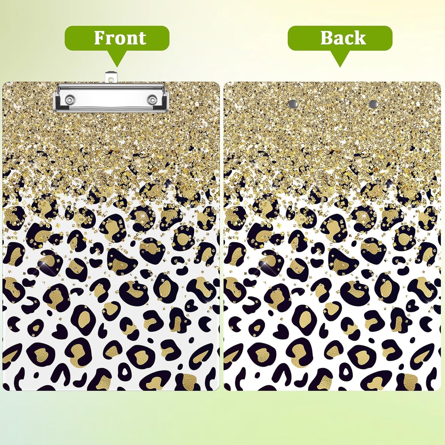 Glitter Leopard Clipboard,Decorative Acrylic Clipboard with Low Profile Metal Clip for Office,School,Teachers,Students Standard Letter Size 9x12.5