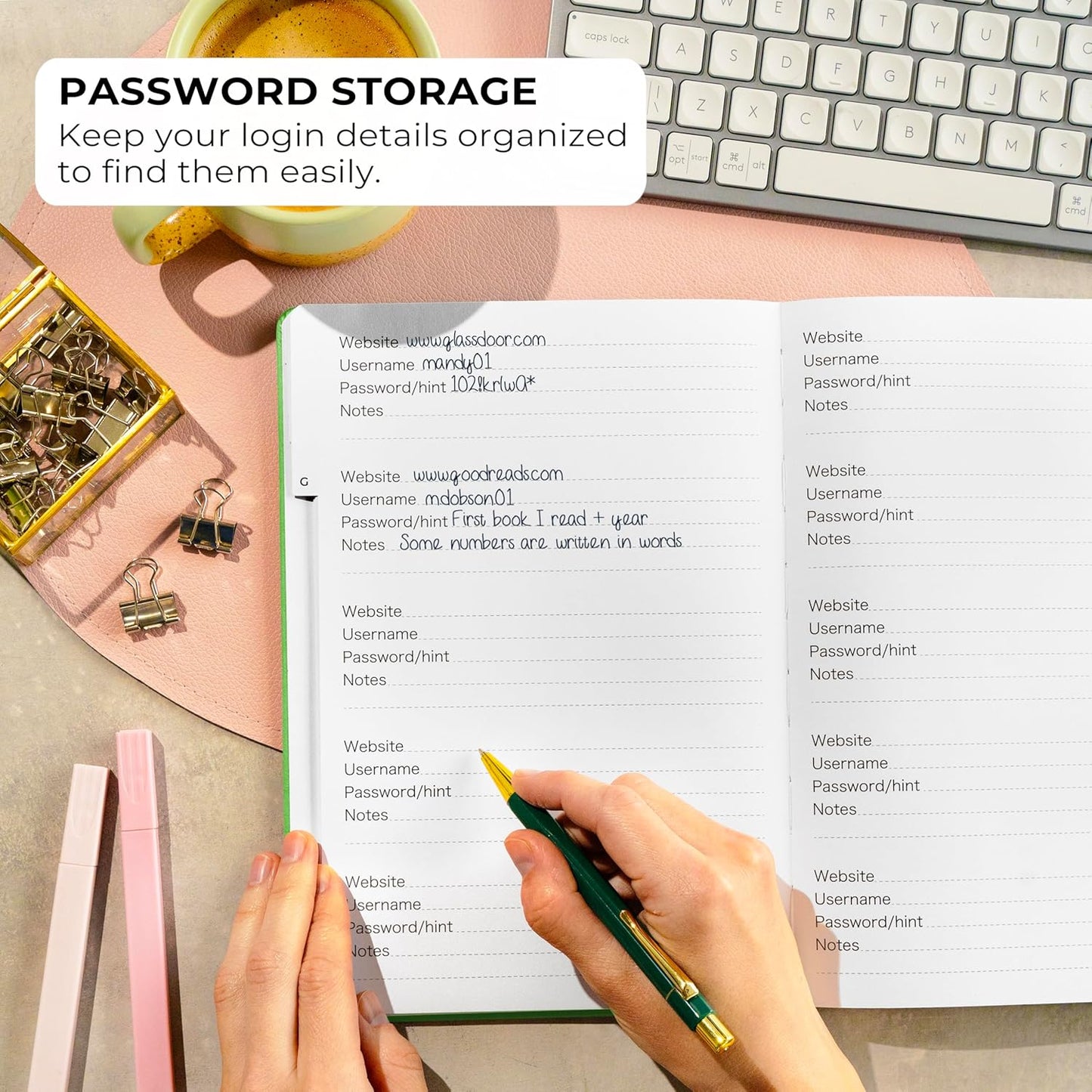 Clever Fox Password Book with alphabetical tabs. Internet Address Organizer Logbook. Large Password Keeper for Website Logins (Green)