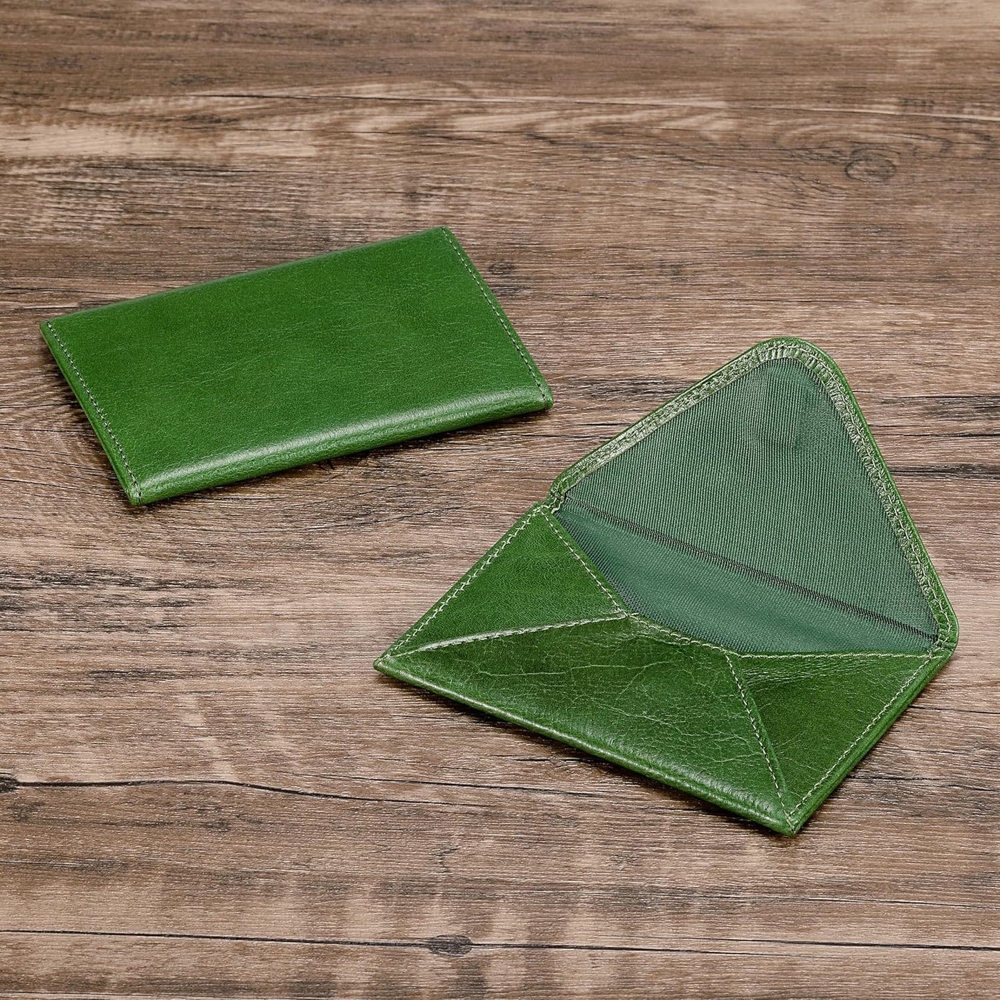 HISCOW Envelope Business Card Case with Magnet Closure - Italian Calfskin (Green Vegetable-Tanned Leather)