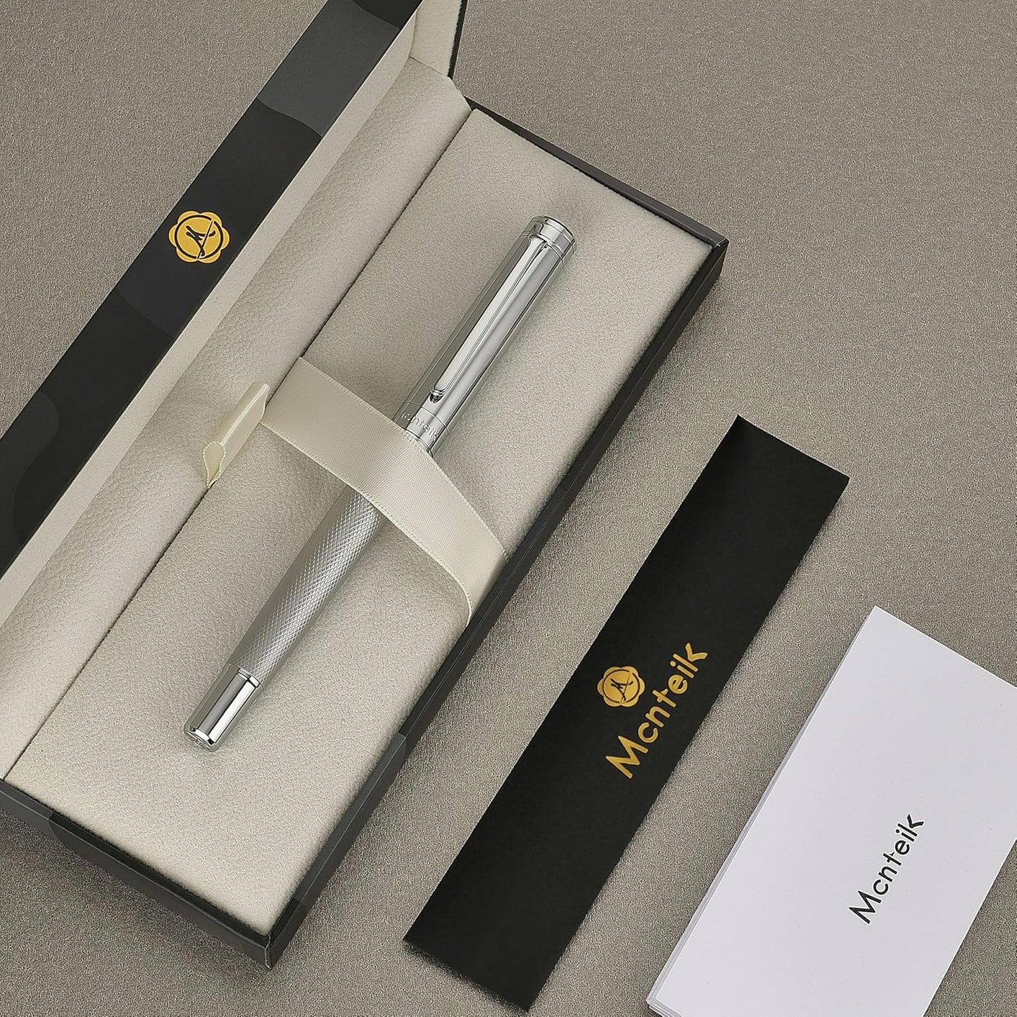 Silver Rollerball Pen, Stunning Luxury Pen with Mesh Texture Design, Bright Silver Chrome Finish, Schmidt refill, Nice Gift Set for Men & Women, Executive, Office, Graduation, Fancy Pens