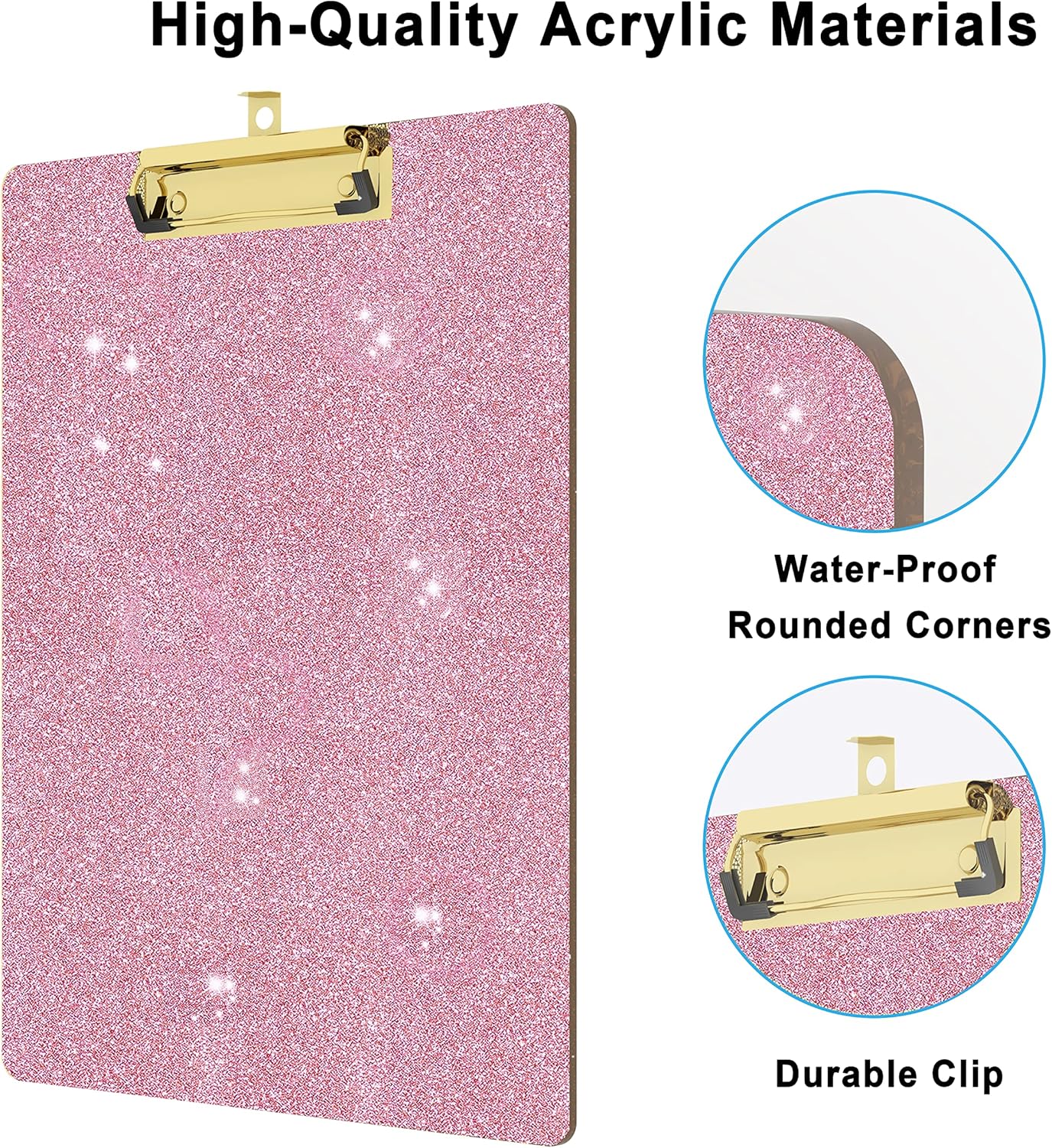 Glitter Acrylic Clipboard Decorative Standard A4 Letter Size 12.2" x 8.7", Fashion Bling Clip Boards with Designed Low Profile Gold Clip for Classroom Office - Warm Pink