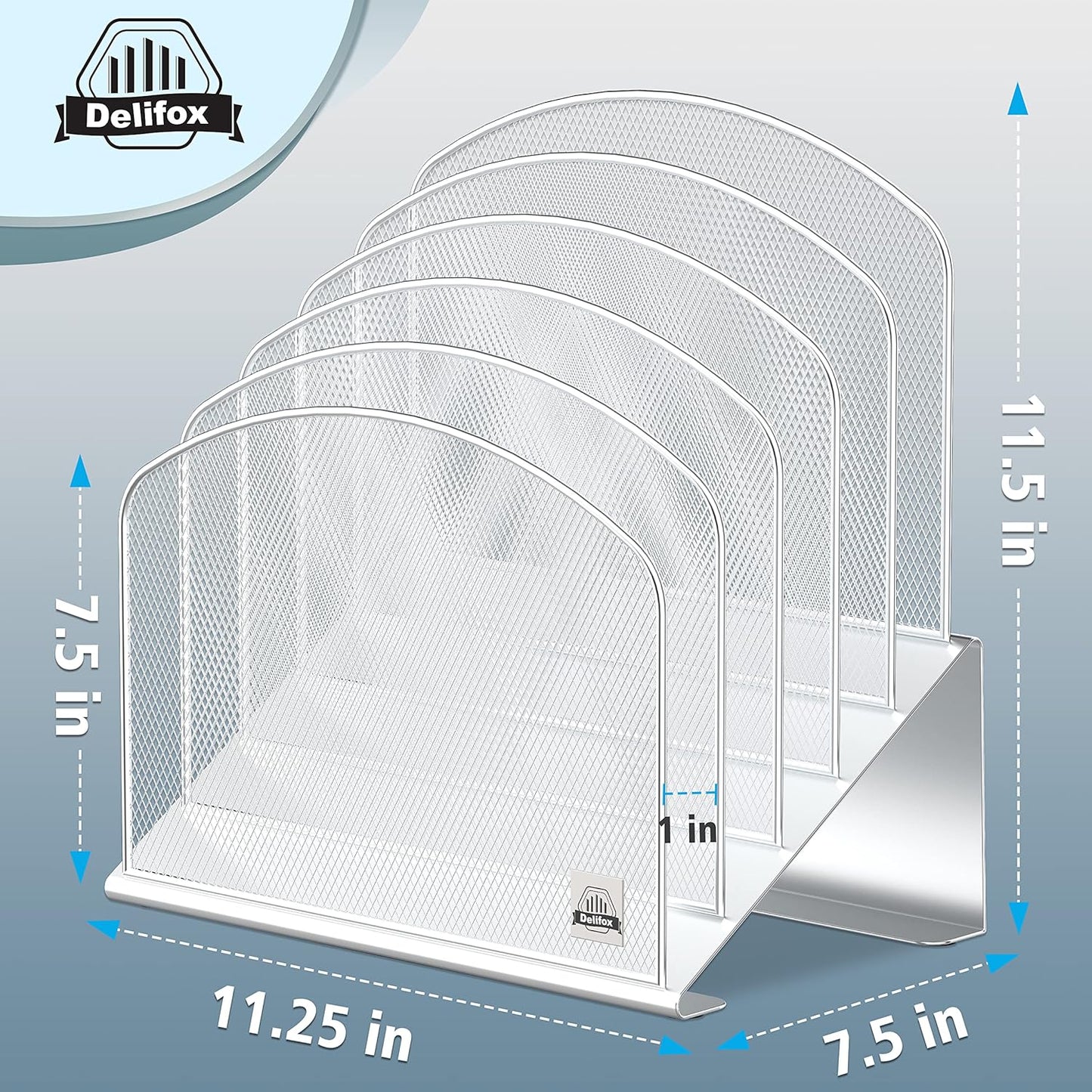 Inclined Desk File Organizer, 5-Section Vertical File Folder Holder Stand Metal Rack File Sorter for Office Classroom Desktop Organization (Silver, 2Pack)