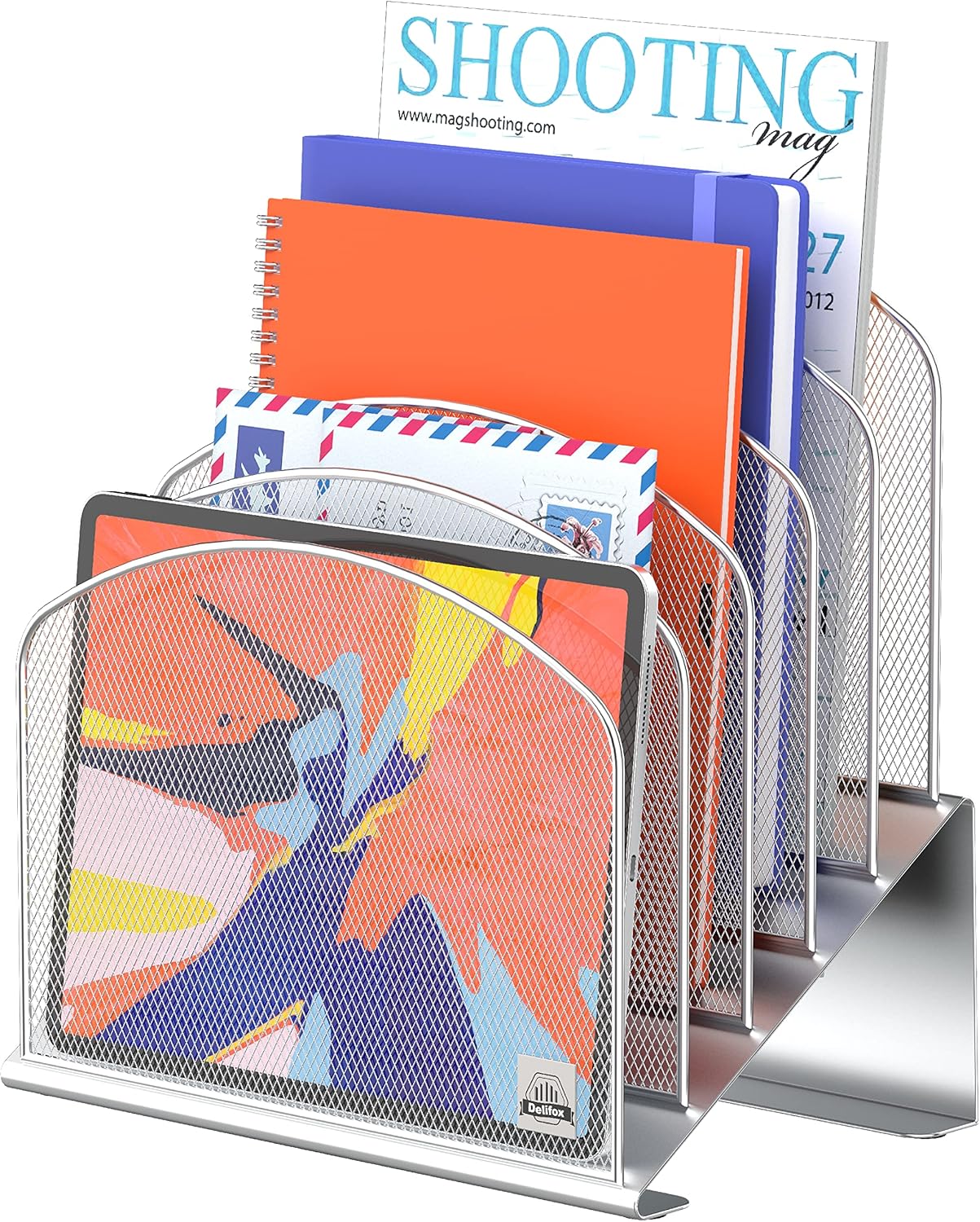 Inclined Desk File Organizer, 5-Section Vertical File Folder Holder Stand Metal Rack File Sorter for Office Classroom Desktop Organization (Silver, 1Pack)