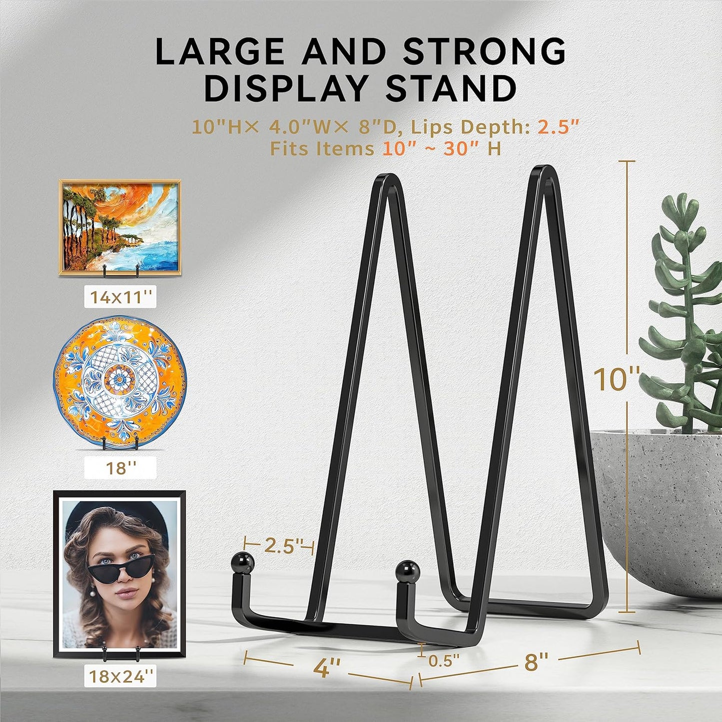 10 Inch Large Plate Stands for Display - Metal Plate Holder Display Stand + Small Easels Picture Stand for Book, Platter, Plaque, Photo Frame, Tabletop Art (2 Pack)