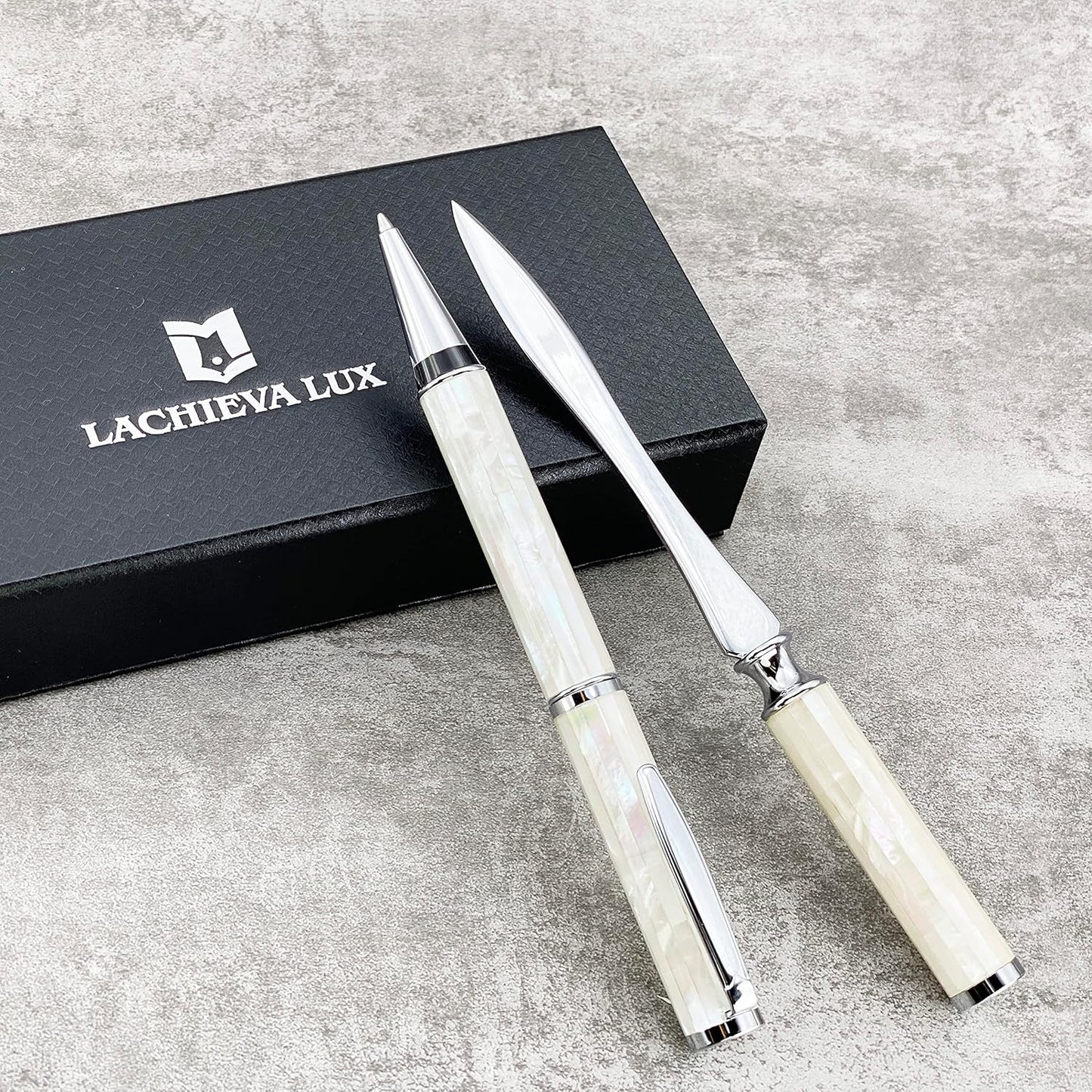 LACHIEVA LUX Luxury Mother of Pearl Ballpoint Pen & Letter Opener Set, Elegant Gift for Men & Women, Great for Christmas and Special Occasions