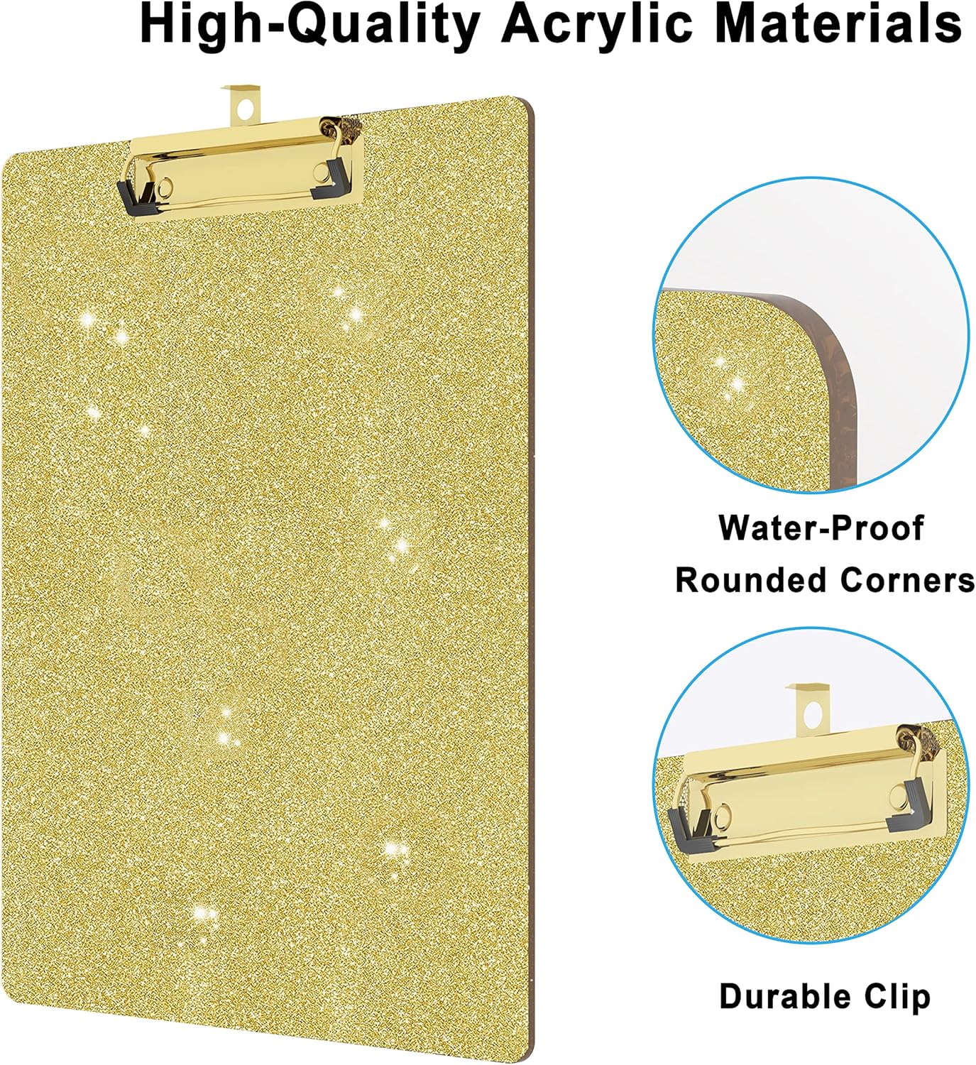 Glitter Acrylic Clipboard Decorative Standard A4 Letter Size 12.2" x 8.7", Fashion Bling Clip Boards with Designed Low Profile Gold Clip for Classroom Office - Gold
