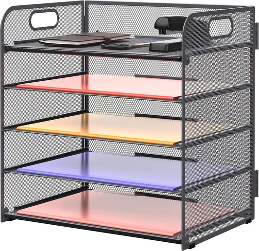 Supeasy 5 Trays Paper Organizer Letter Tray with Handle-Mesh Desk File Organizer, Grey Paper Sorter Desk Organizer for Office, Home or School