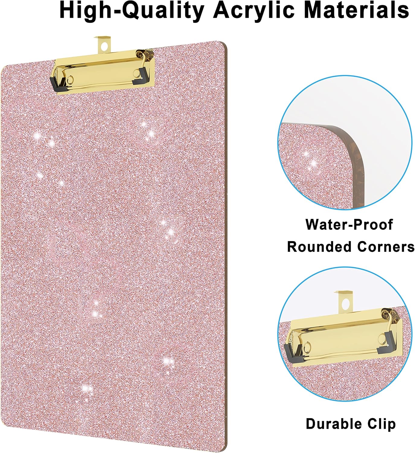 Glitter Acrylic Clipboard Decorative Standard A4 Letter Size 12.2" x 8.7", Fashion Bling Clip Boards with Designed Low Profile Gold Clip for Classroom Office - Rose Gold